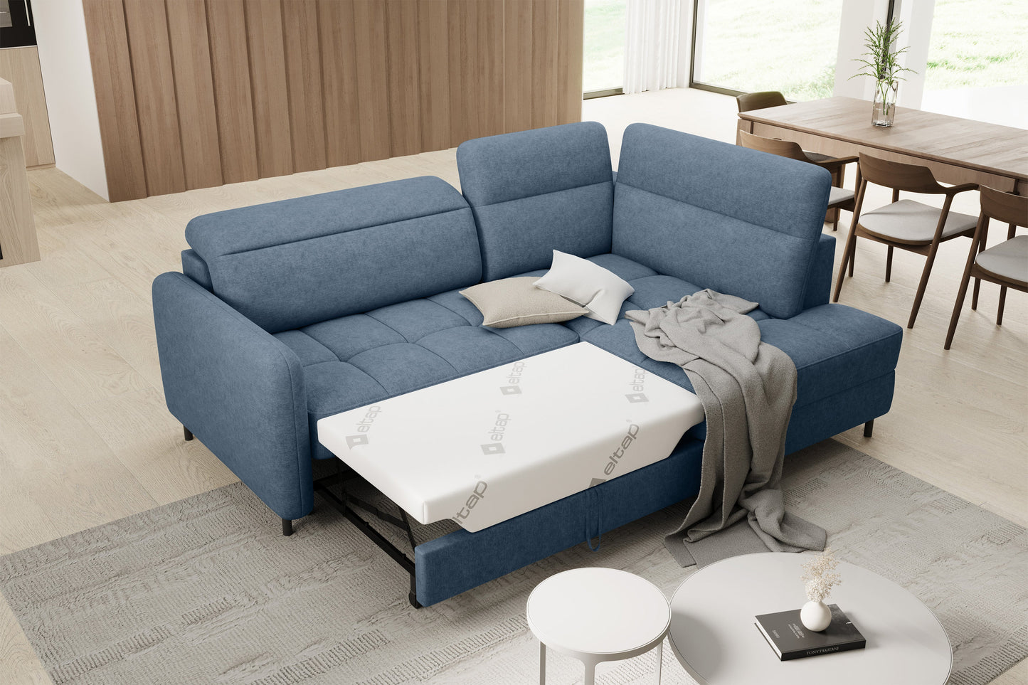 Barea 3 Seater Storage Sleeper Chaise Sofa - Soft Blue