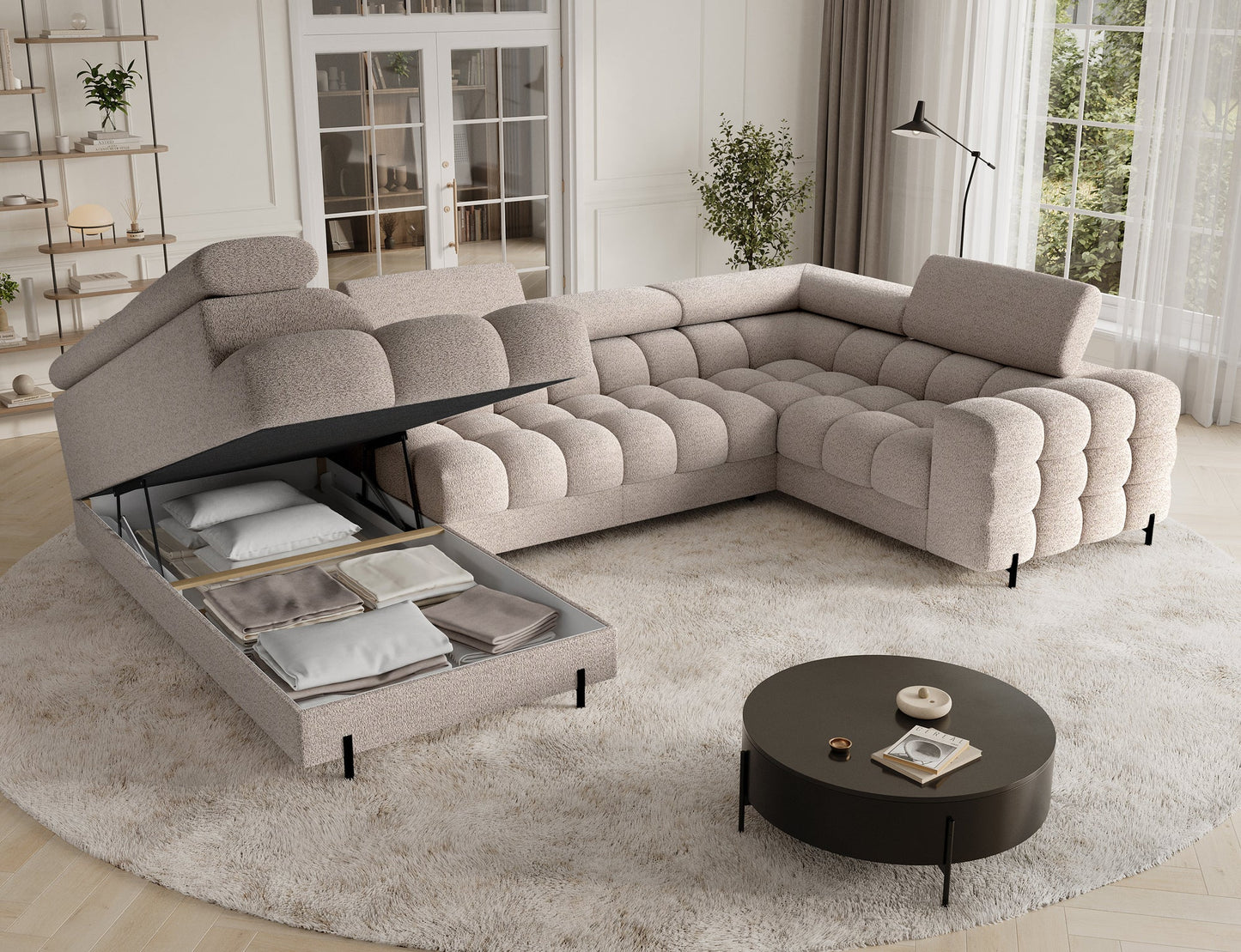 Fectory Sectional Storage Sleeper Chaise Sofa - Beige