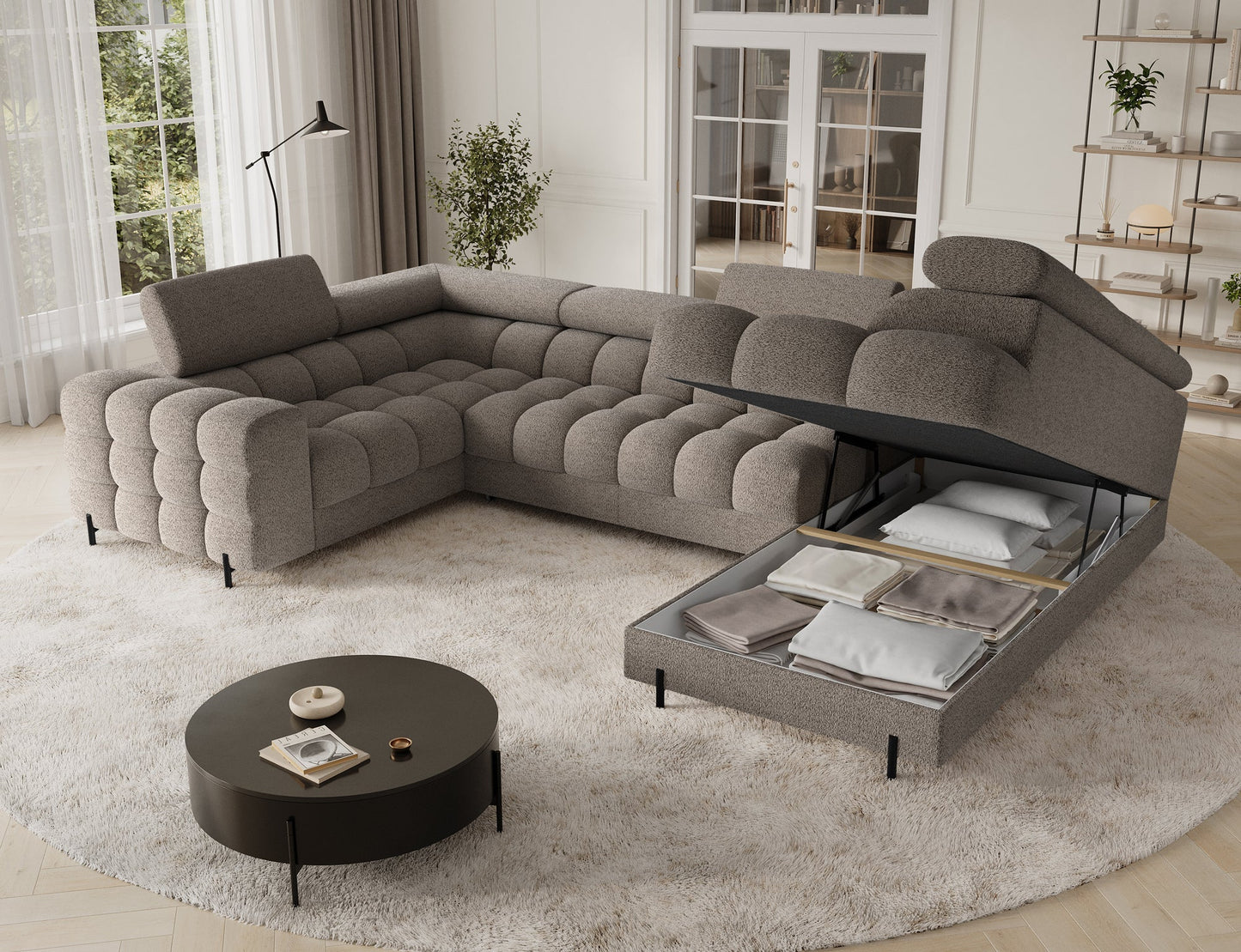 Fectory Sectional Storage Sleeper Chaise Sofa - Taupe