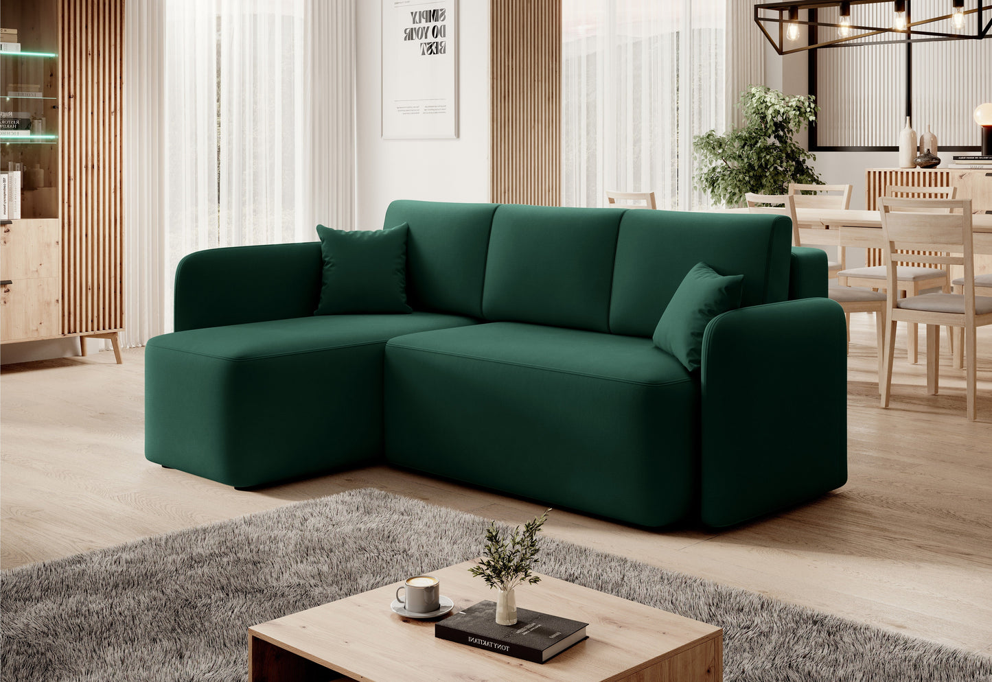 Hadson 3 Seater Storage Sleeper Chaise Sofa - Emerald Green