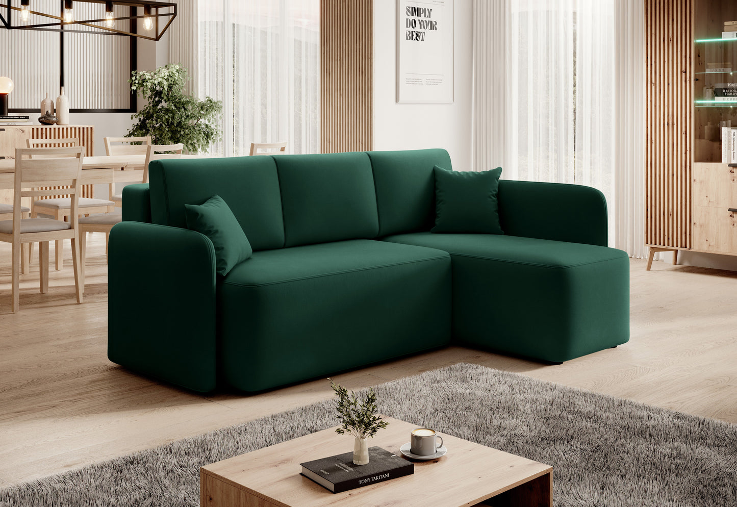 Hadson 3 Seater Storage Sleeper Chaise Sofa - Emerald Green