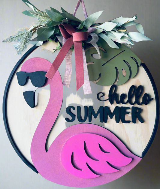 Door  Welcome Sign, Hello Summer Sign, Flamingo 🦩 Sign, Custom Door Wood Round Sign