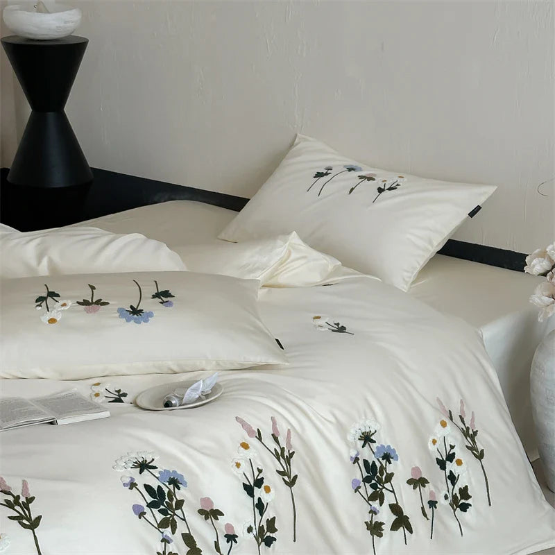 Royal Retreat Daisy Floral Embroidery 1000 TC Cotton Duvet Set - White