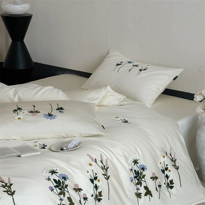Royal Retreat Daisy Floral Embroidery 1000 TC Cotton Duvet Set - White