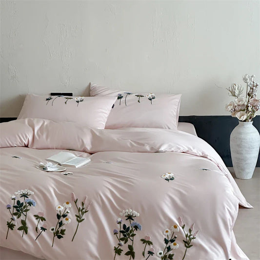 Royal Retreat Daisy Floral Embroidery 1000 TC Cotton Duvet Set - Rose