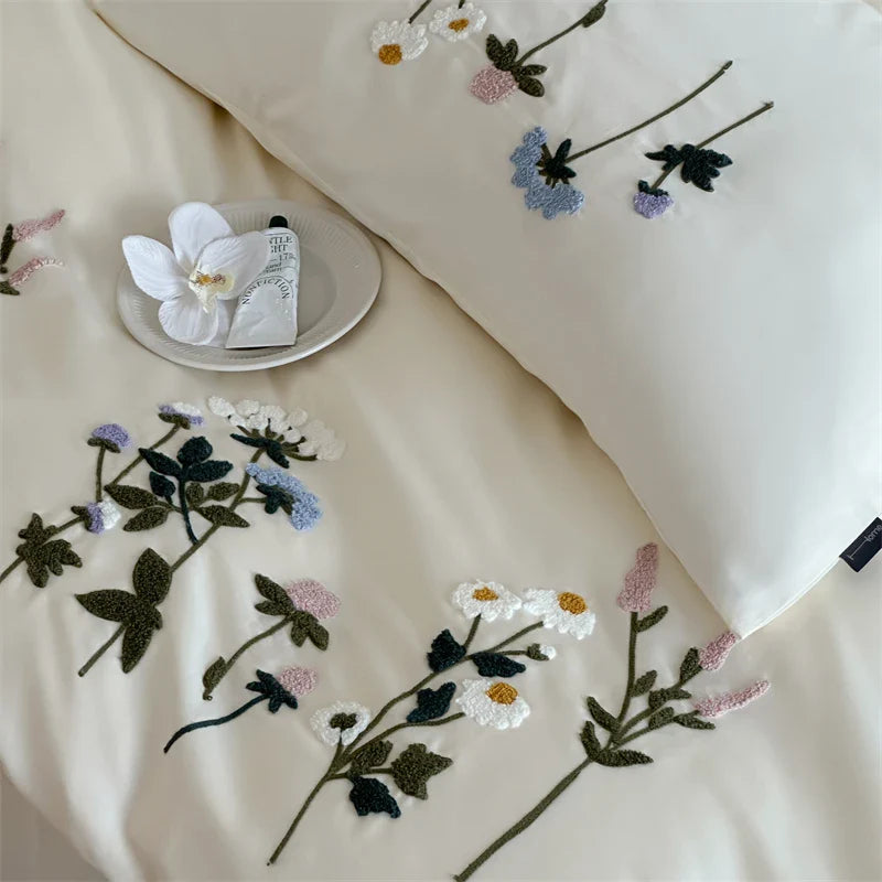 Royal Retreat Daisy Floral Embroidery 1000 TC Cotton Duvet Set - White