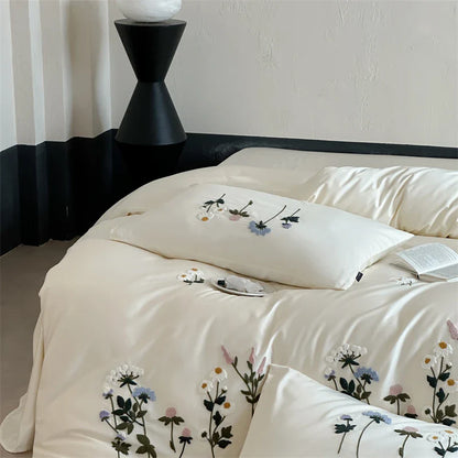 Royal Retreat Daisy Floral Embroidery 1000 TC Cotton Duvet Set - White