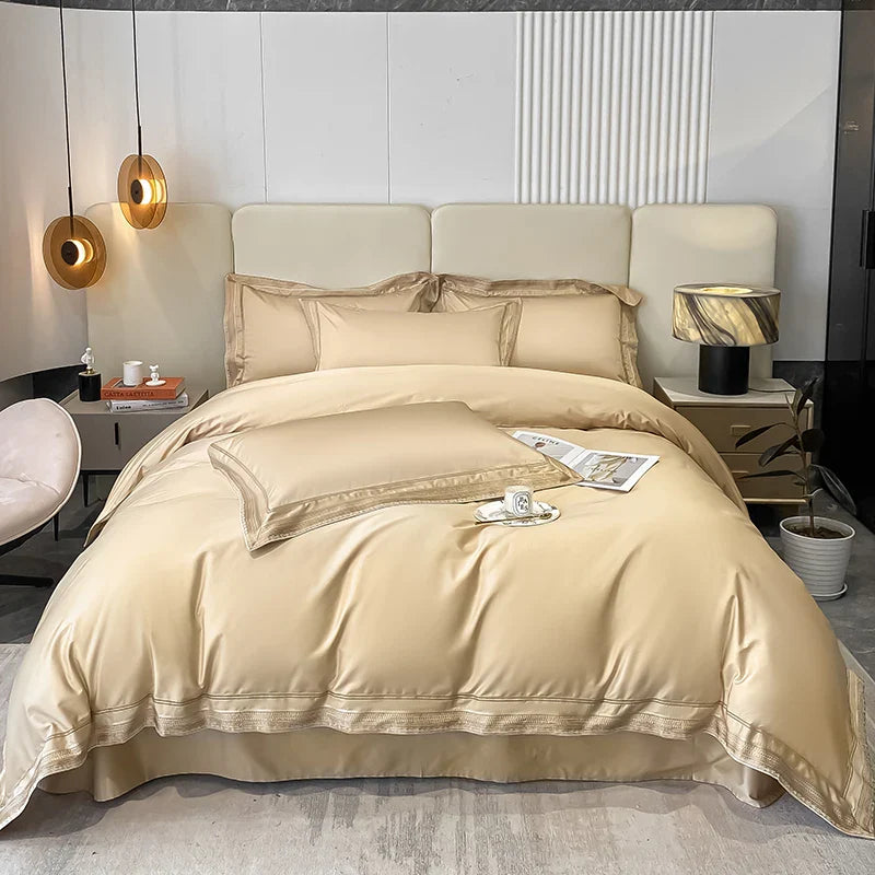 Royal Retreat Gold Edging Embroidered 1000 TC Duvet Set - Champaign