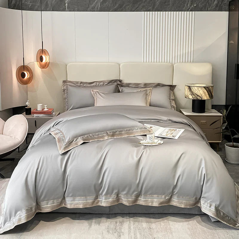 Royal Retreat Gold Edging Embroidered 1000 TC Duvet Set - Silver