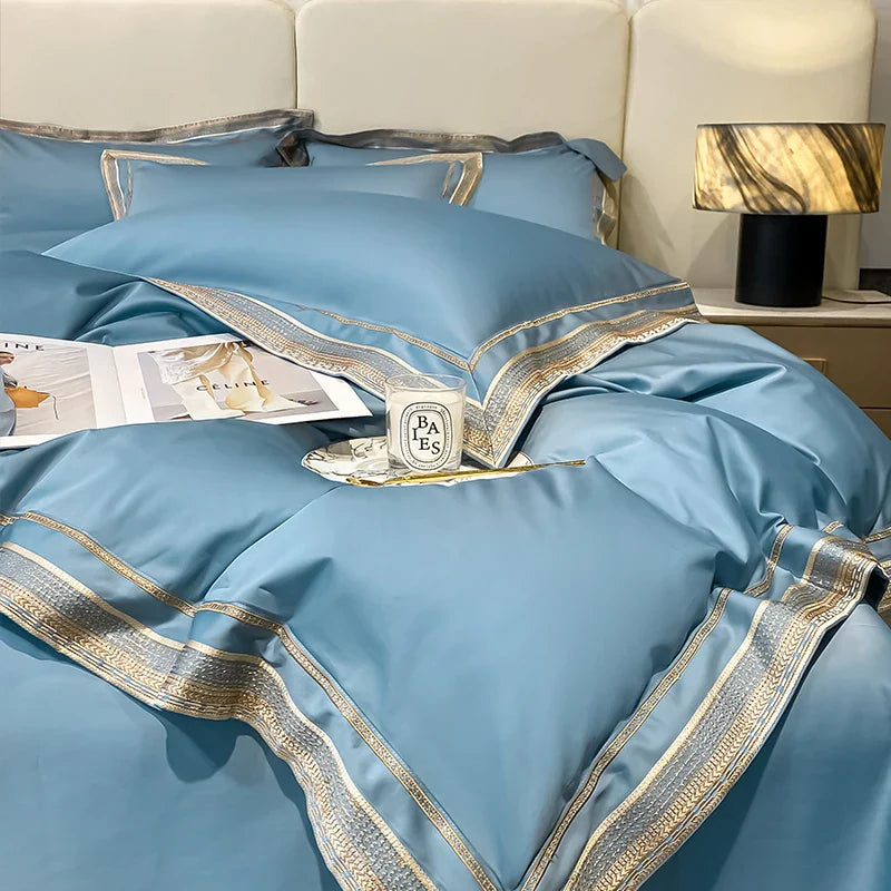 Royal Retreat Gold Edging Embroidered 1000 TC Duvet Set - Soft Blue