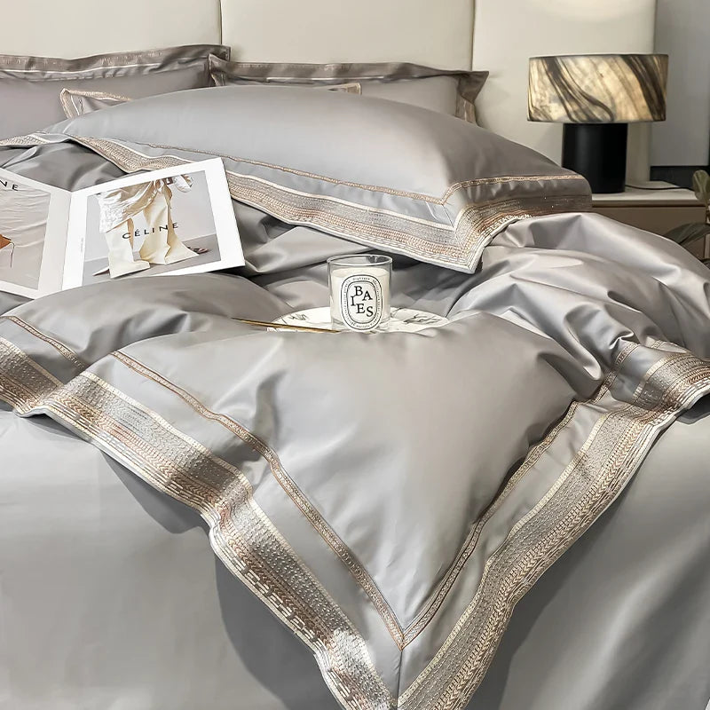 Royal Retreat Gold Edging Embroidered 1000 TC Duvet Set - Silver