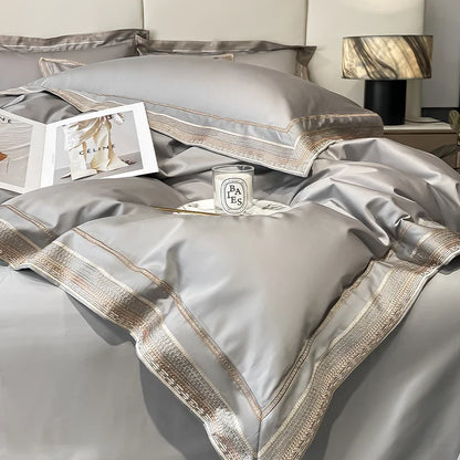 Royal Retreat Gold Edging Embroidered 1000 TC Duvet Set - Silver