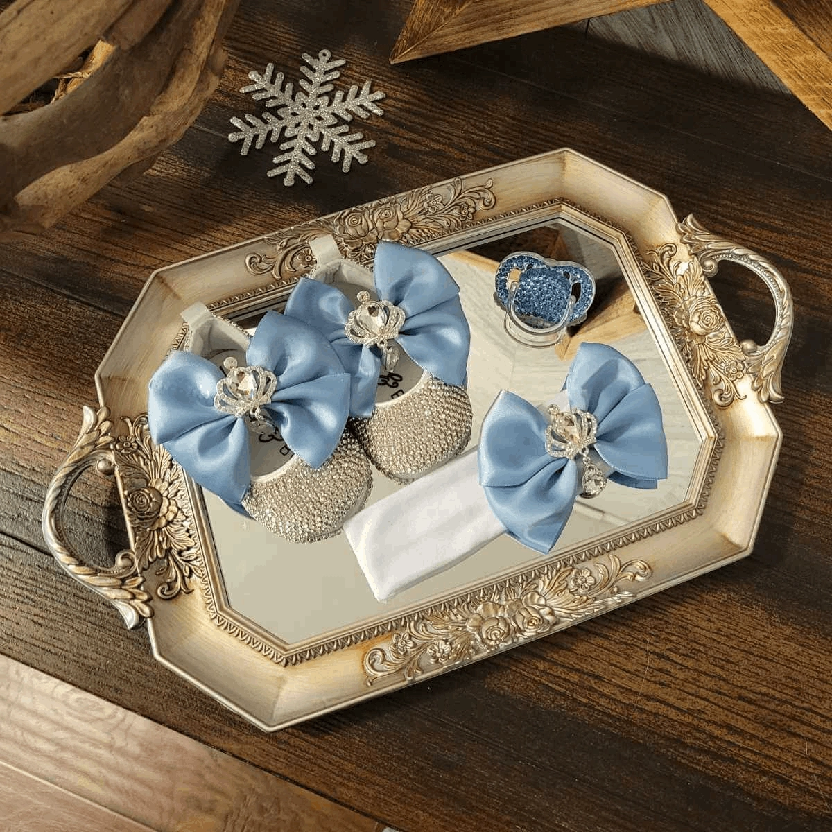 Blue Belle Enchanted Crystal Baby Shoes, Bow & Pacifier Gift Set