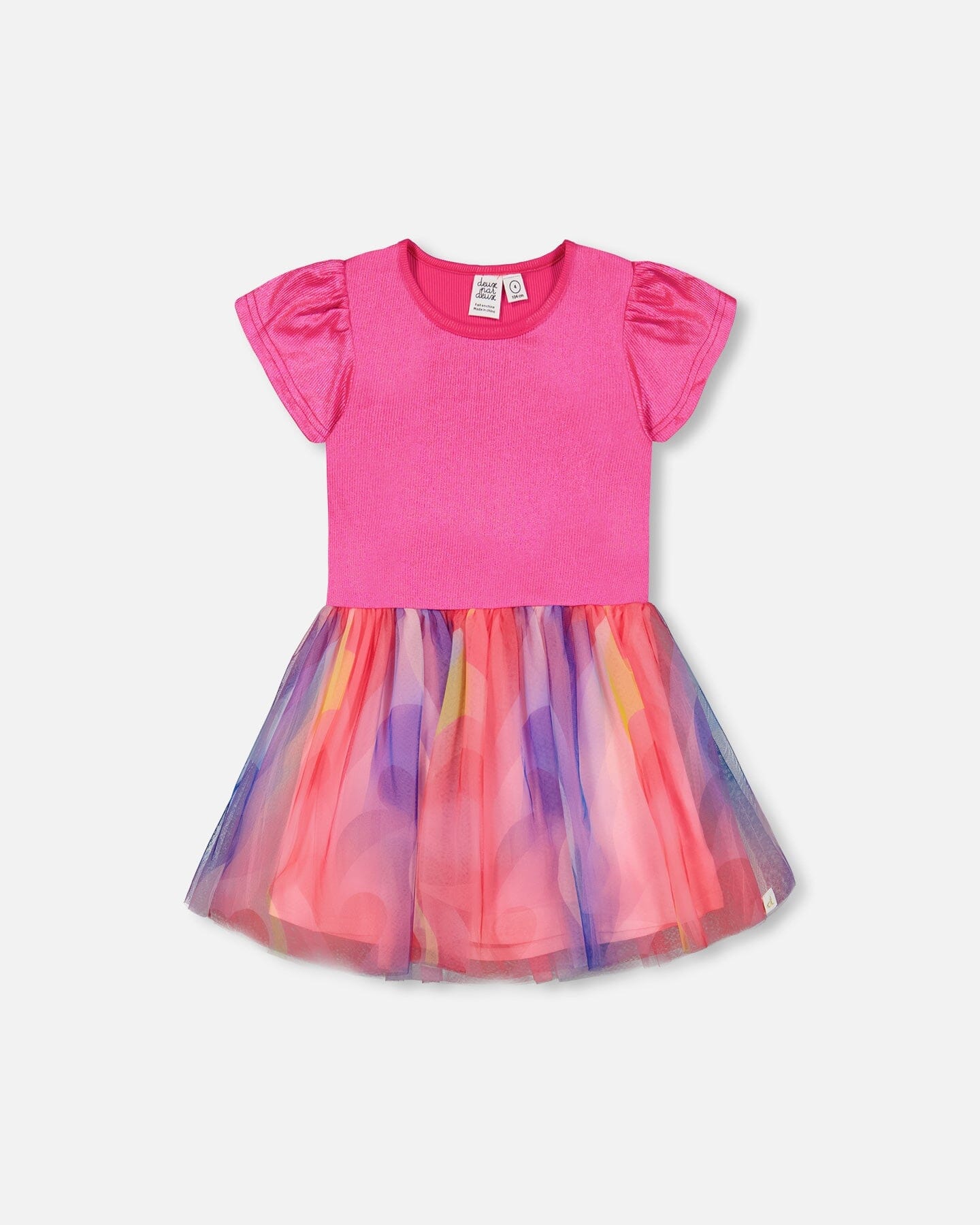 Bi-Material Shiny Rib And Mesh Dress Fuchsia With Printed Rainbow Heart