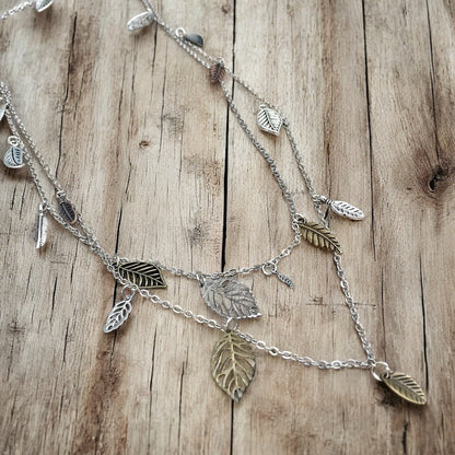 Waterfall Leaf Necklace – Long Layering Chain with Cascading Silver & Mixed Metal Leaves