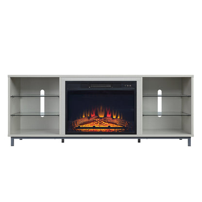 Firey 60" TV Stand/Fireplace with Glass Shelves - Beige Gloss