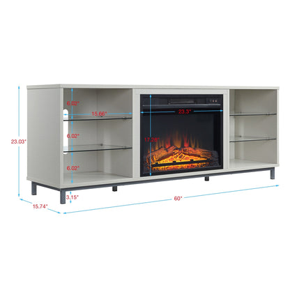Firey 60" TV Stand/Fireplace with Glass Shelves - Beige Gloss