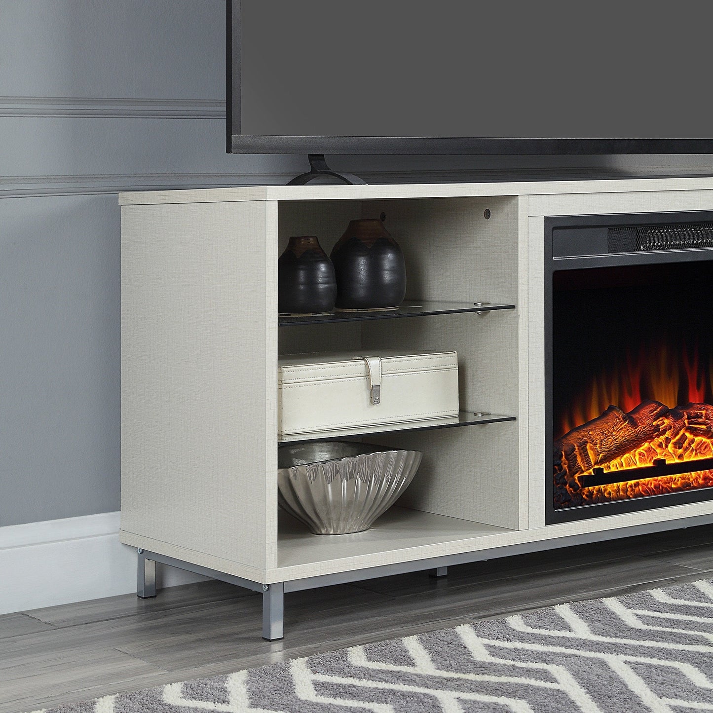 Firey 60" TV Stand/Fireplace with Glass Shelves - Beige Gloss