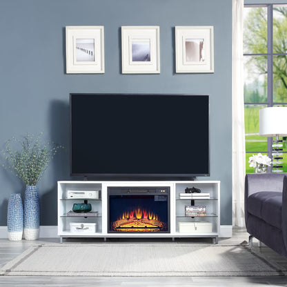Firey 60" TV Stand/Fireplace with Glass Shelves - White Gloss