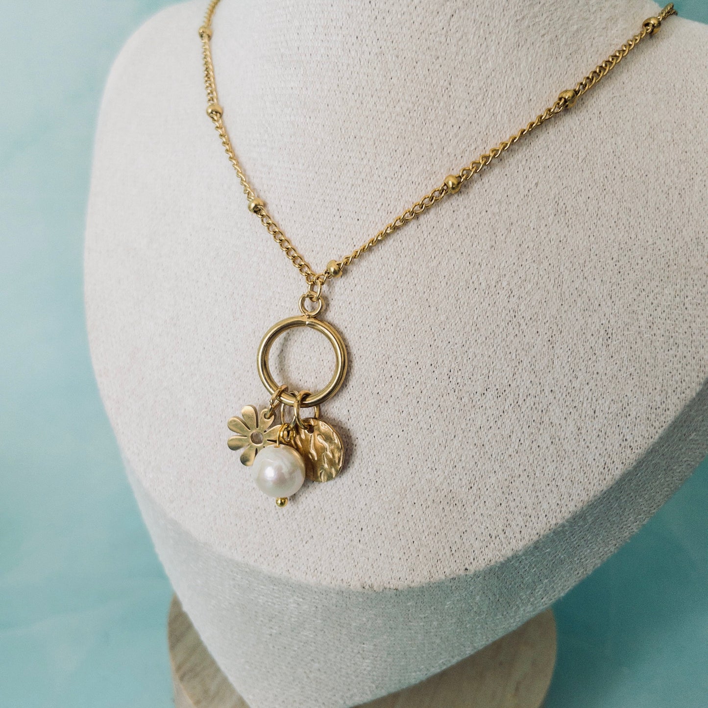 Fiona Necklace | Globe Chain Necklace with Boho Flower, Stamped Coin & Freshwater Pearl Charms