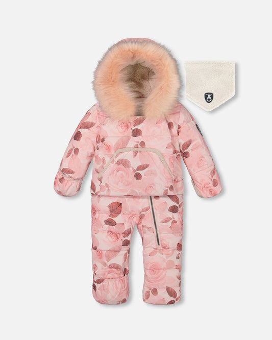 One Piece Baby Hooded Snowsuit Printed Roses Designed For Car Seat