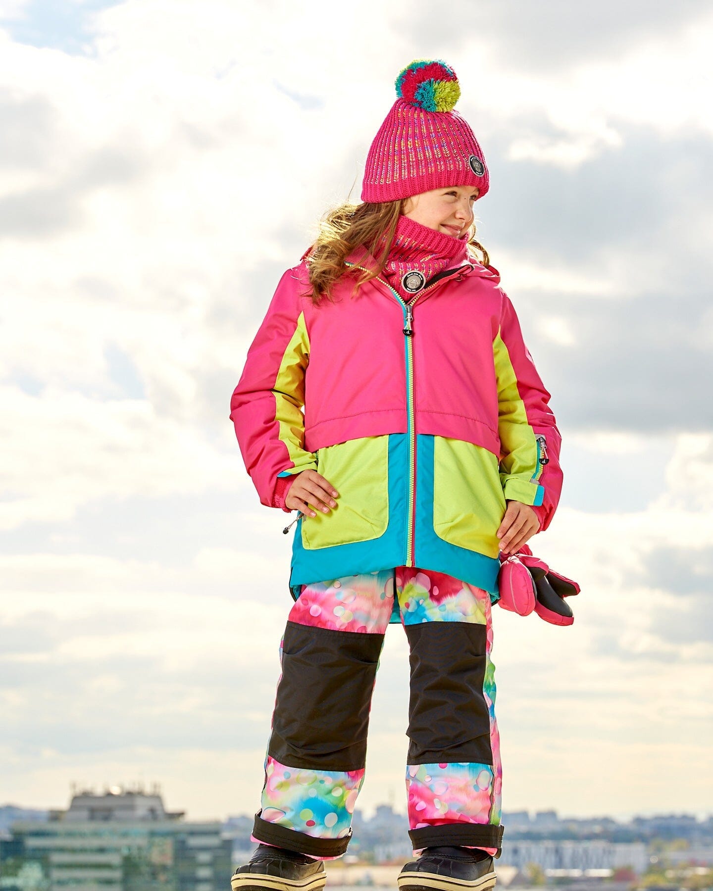 Two Piece Snowsuit Colorblock Fuchsia, Lime And Turquoise With Printed Bubbles