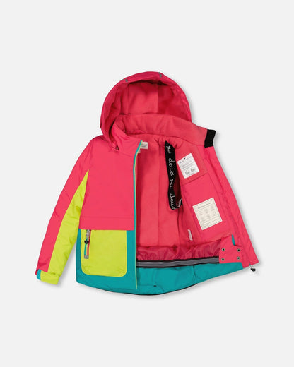 Two Piece Snowsuit Colorblock Fuchsia, Lime And Turquoise With Printed Bubbles