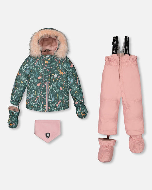 Two Piece Baby Snowsuit Silver Pink Printed Woodland Animals