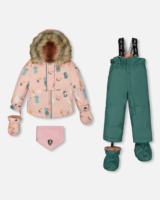 Two Piece Baby Snowsuit Sage Green And Printed Cats