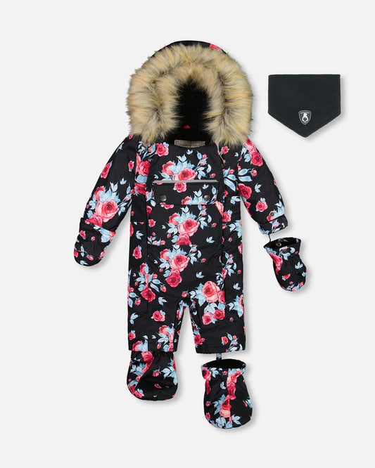 One Piece Baby Snowsuit Black Printed Roses Designed For Car Seat