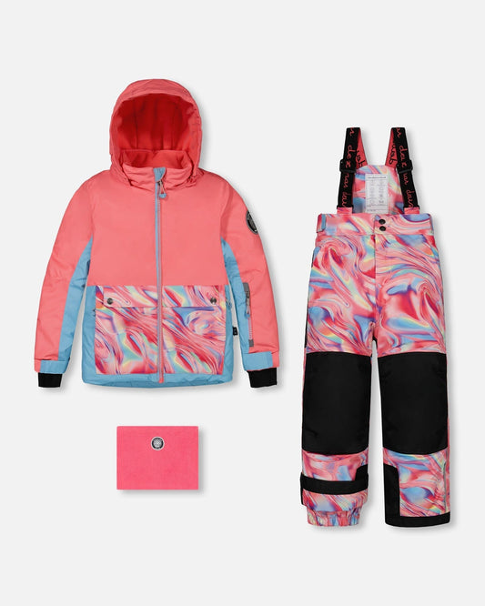 Two Piece Snowsuit Colorblock Coral And Air Blue With Printed Marble