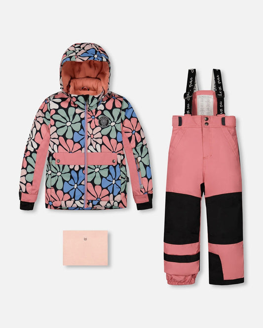 Two Piece Snowsuit Printed Retro Flowers With Pink