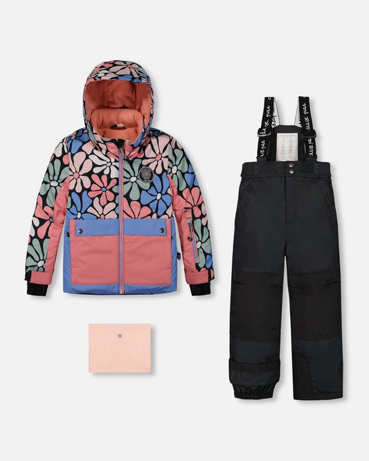 Two Piece Snowsuit Printed Retro Flowers With Black