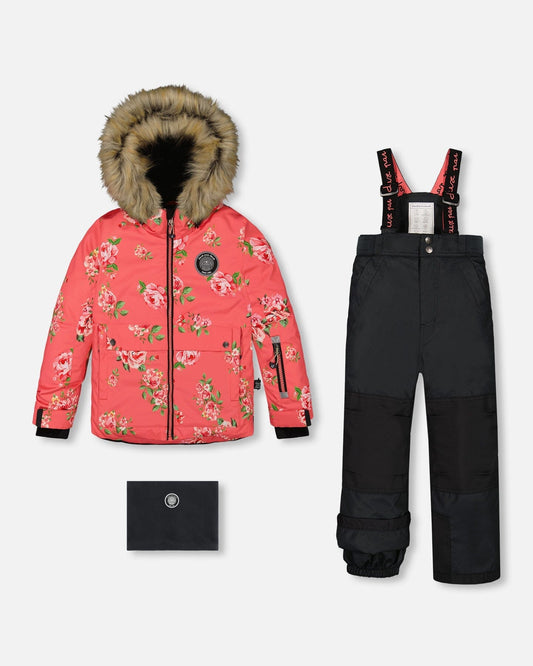 Two Piece Snowsuit Black Printed Coral Flowers