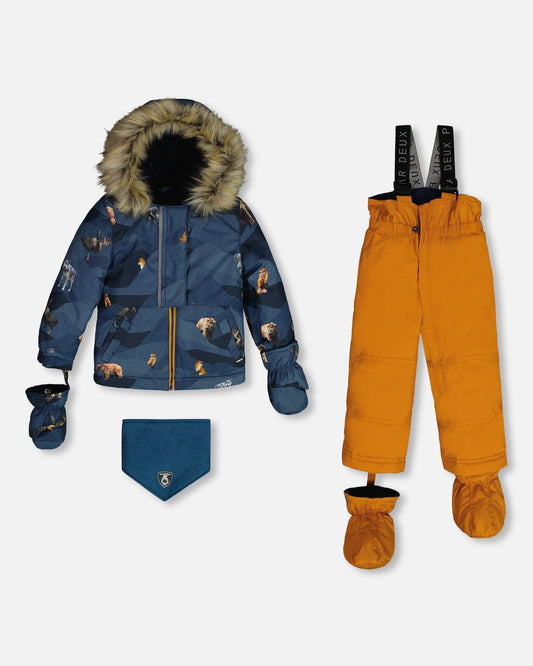 Two Piece Baby Snowsuit Ochre And Navy Printed Mountains Animals