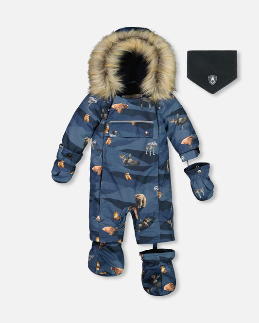 One Piece Baby Snowsuit Navy Printed Mountains Animals Designed For Car Seat