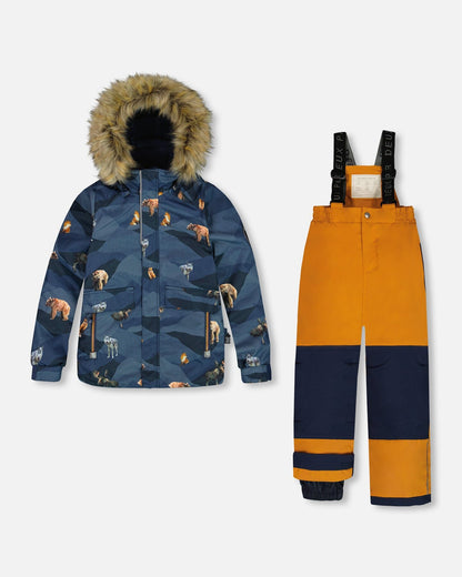 Two Piece Snowsuit Ochre And Navy Printed Mountains Animals