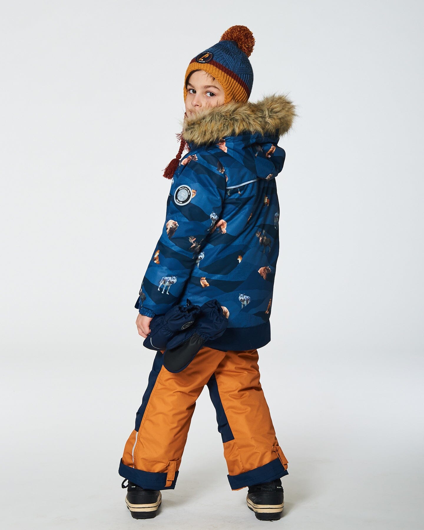 Two Piece Snowsuit Ochre And Navy Printed Mountains Animals