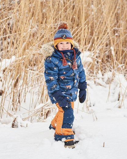 Two Piece Snowsuit Ochre And Navy Printed Mountains Animals