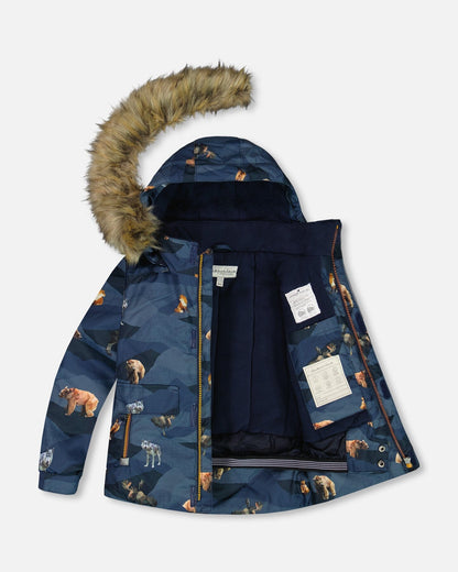 Two Piece Snowsuit Ochre And Navy Printed Mountains Animals