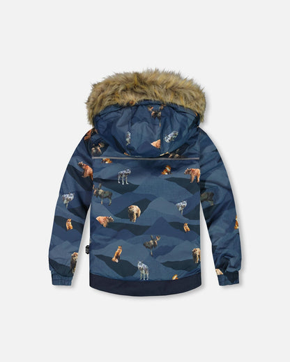 Two Piece Snowsuit Ochre And Navy Printed Mountains Animals