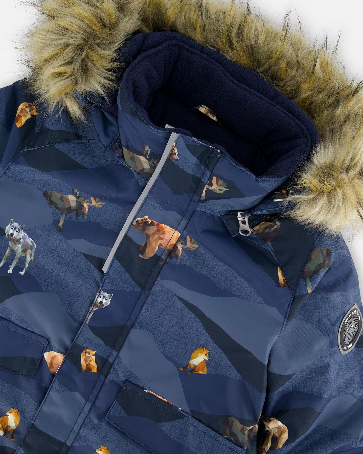 Two Piece Snowsuit Ochre And Navy Printed Mountains Animals