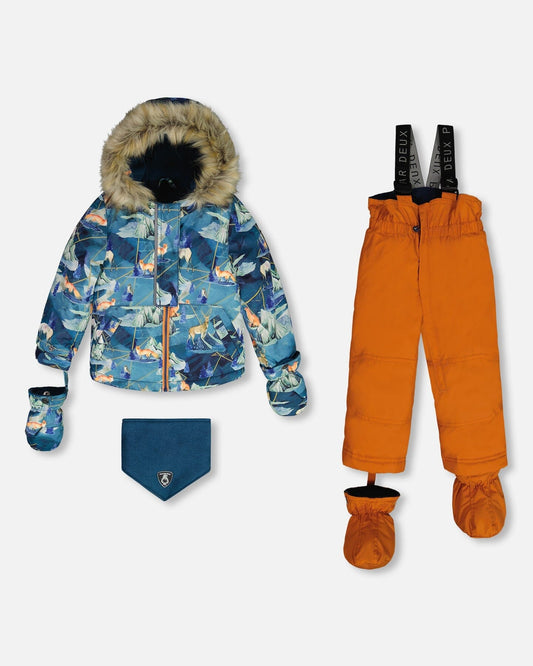 Two Piece Baby Snowsuit Burnt Orange With Printed Animal And Glaciers