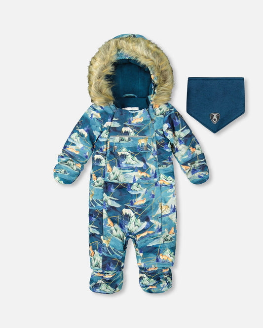 One Piece Baby Snowsuit Blue Printed Animals And Glaciers Designed For Car Seat