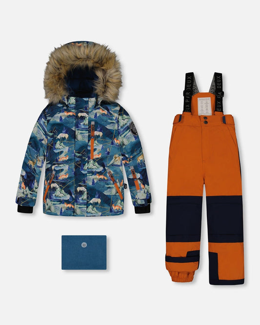 Two Piece Snowsuit Burnt Orange With Printed Animals And Glaciers