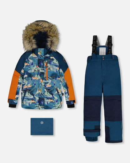 Two Piece Snowsuit Majolica Blue Printed Animals And Glaciers