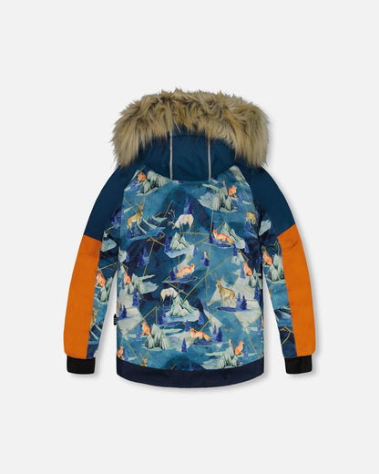 Two Piece Snowsuit Majolica Blue Printed Animals And Glaciers