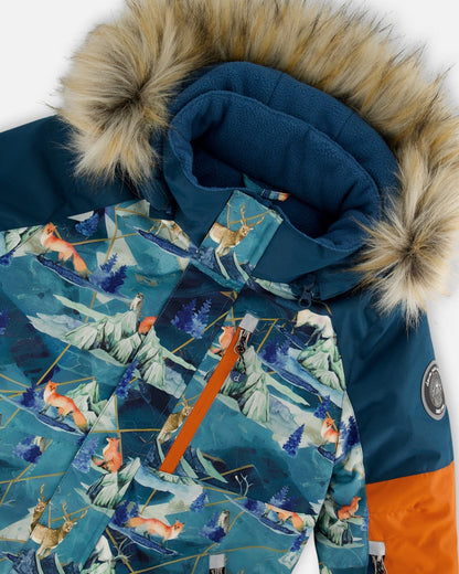 Two Piece Snowsuit Majolica Blue Printed Animals And Glaciers