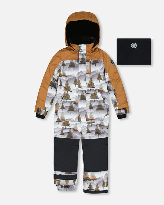 One Piece Snowsuit Grey Landscape Printed Brown Trees