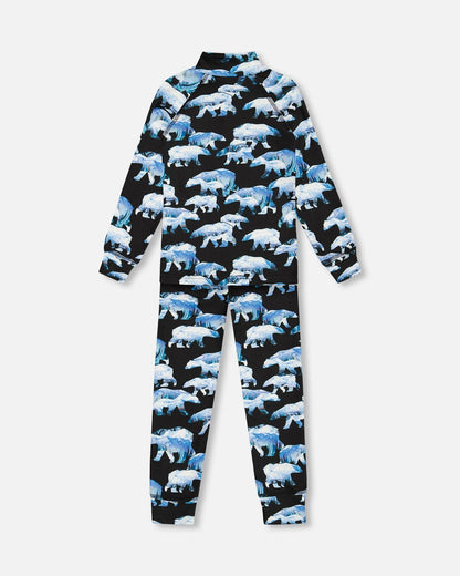 Two Piece Thermal Underwear Set Black Printed Polar Bears